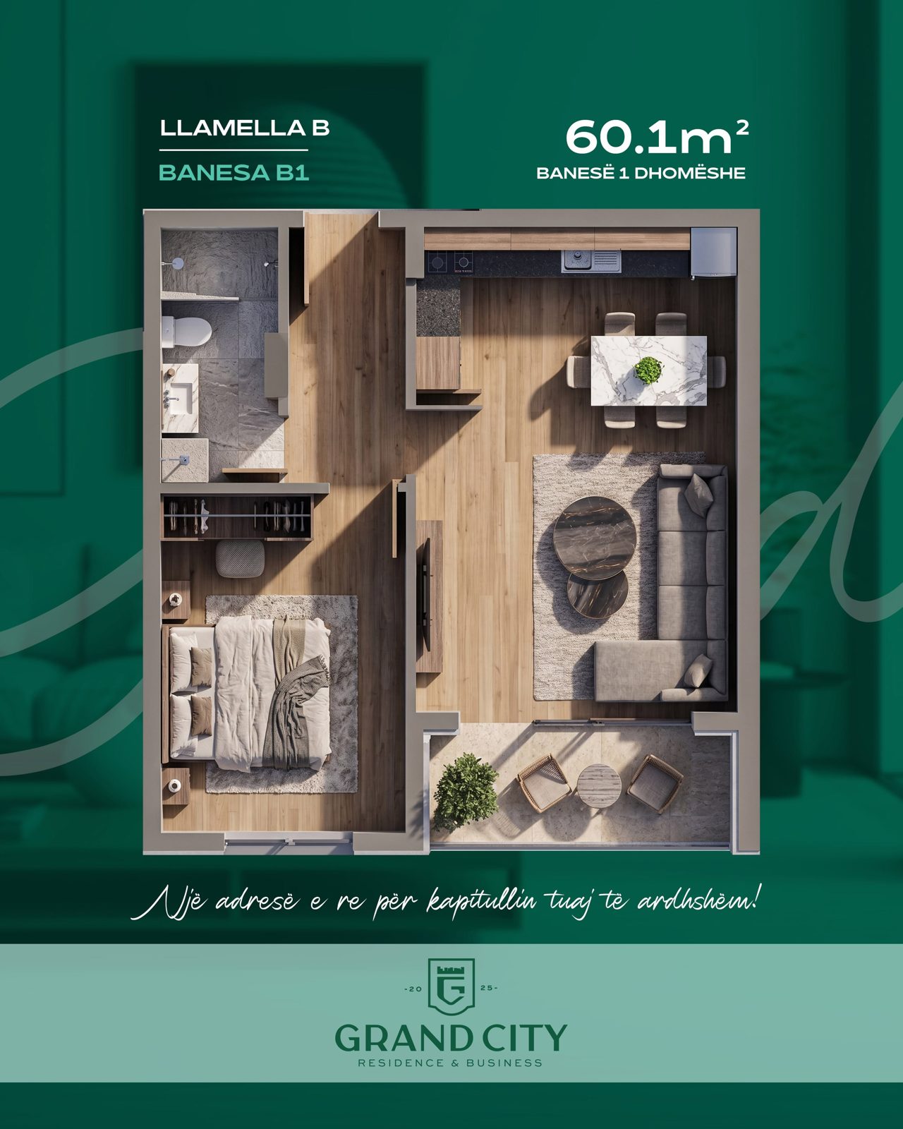 Llamela B, Banesa B1, 60.1 m², 1 dhomëshe
