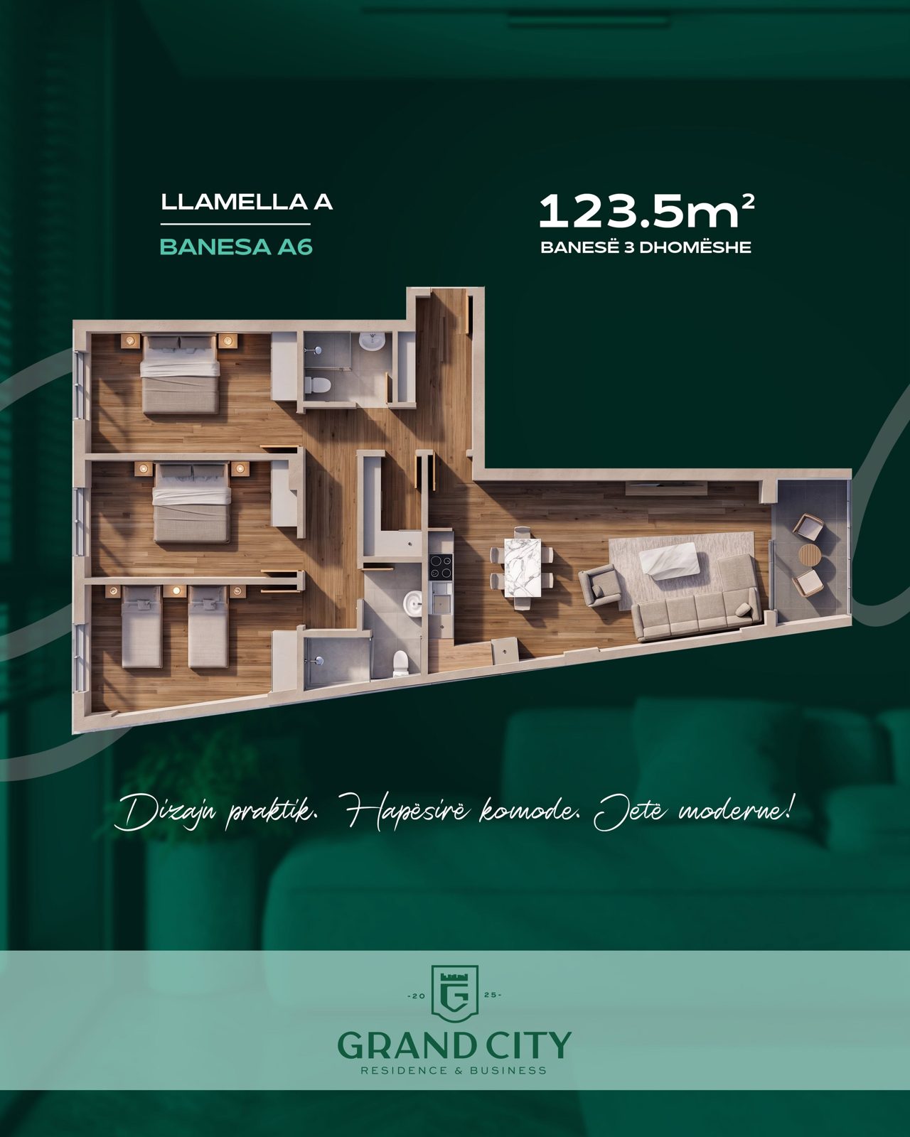 Llamela A, Banesa A6, 123.5 m², 3 dhomëshe